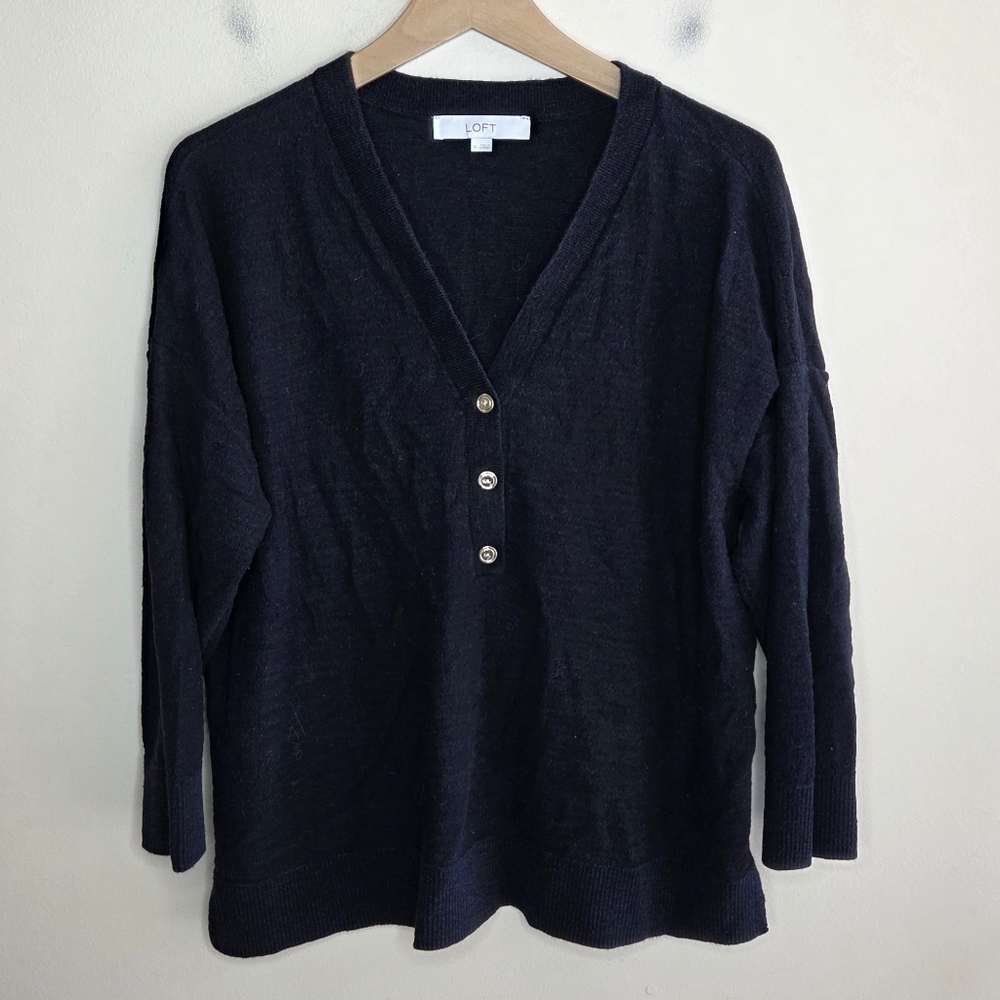 Loft | V-neck Black Textured Top with Gold Buttons Size XL